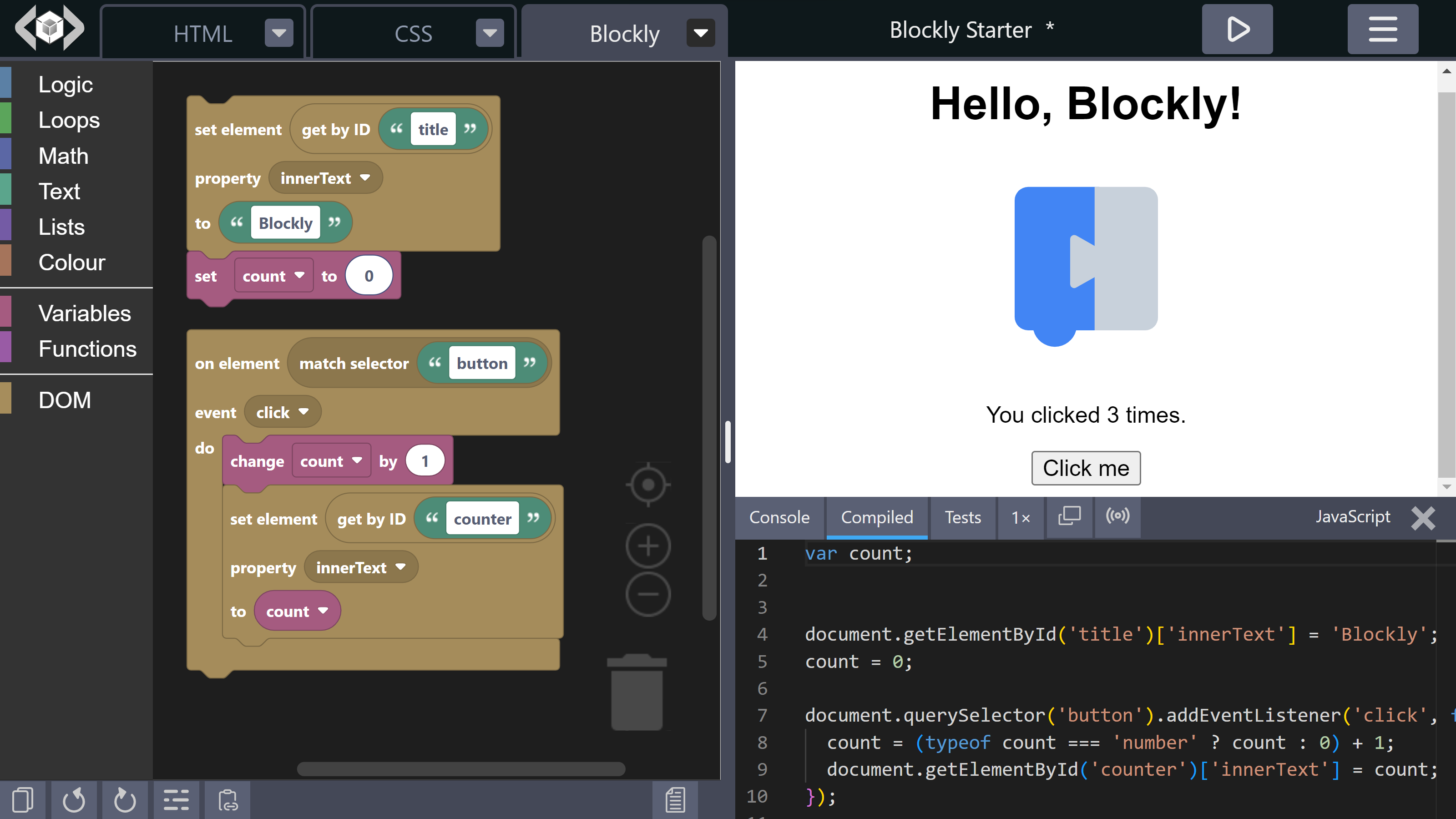 A screenshot for Blockly starter template on LiveCodes